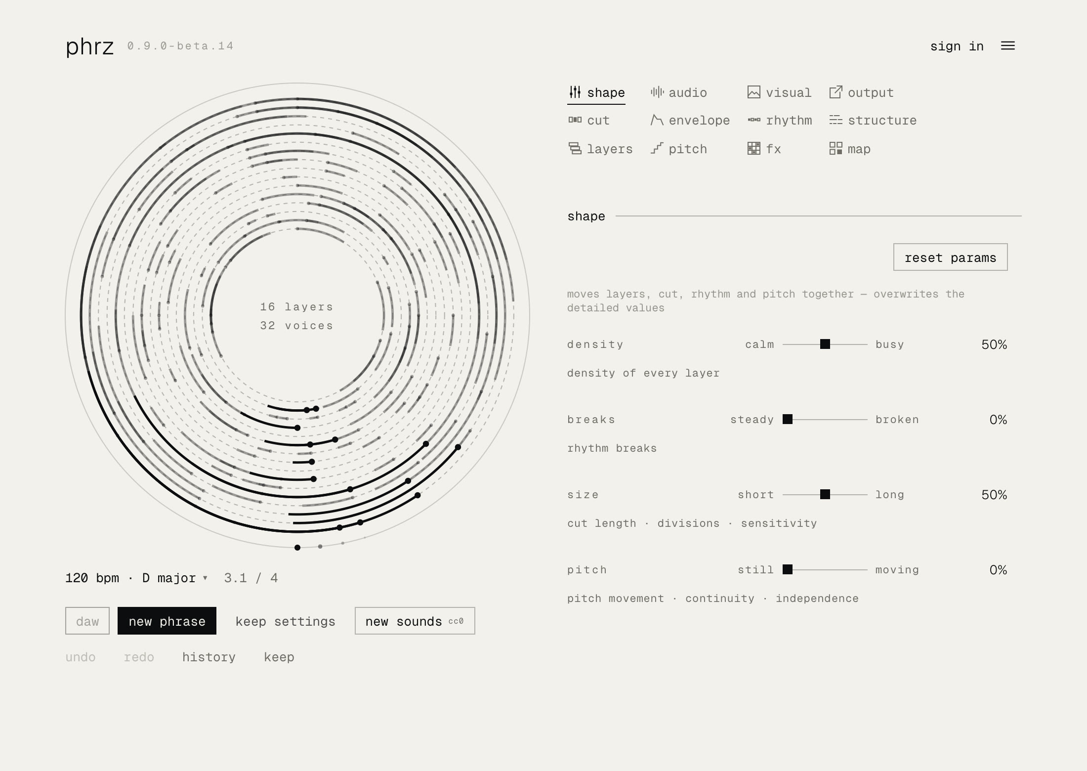 The phrz plugin editor: sixteen layers drawn as rings, the shape controls, and new phrase, keep settings and new sounds